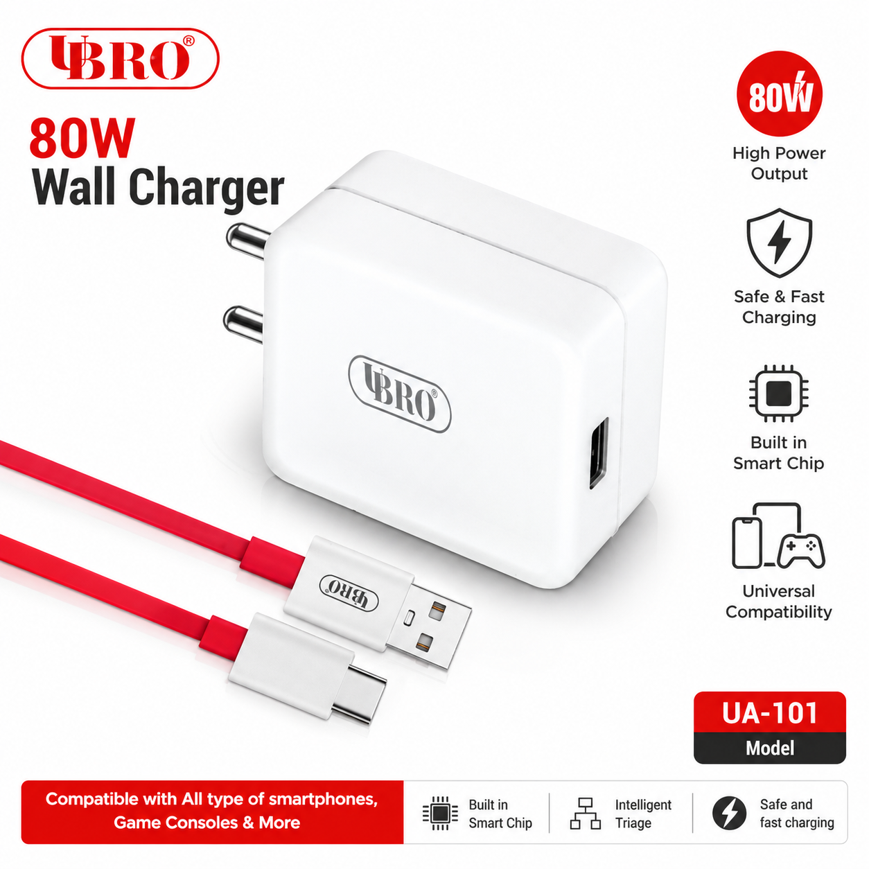 UBRO UA-101 80W Fast Charging Wall Charger with Smart IC