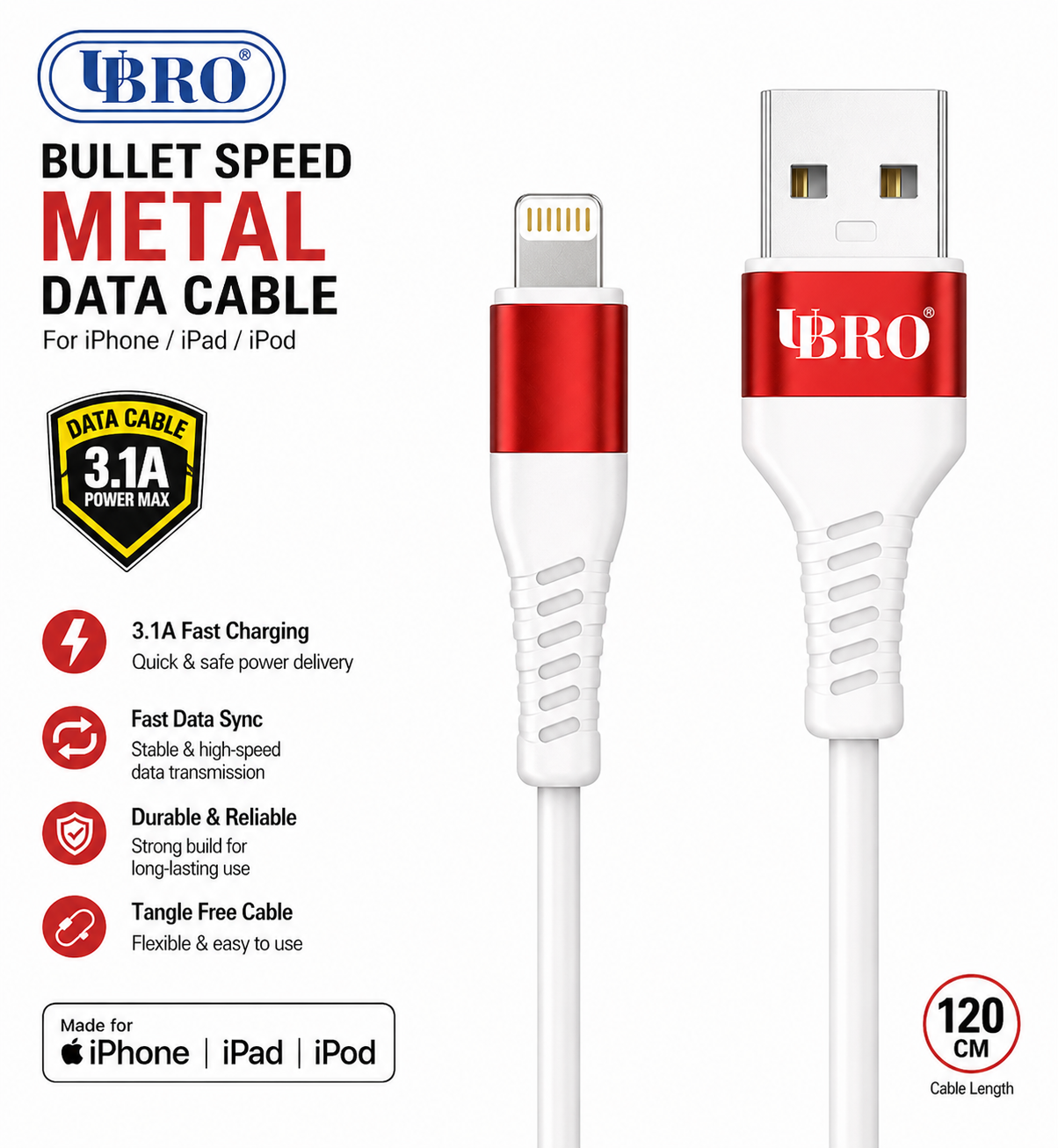 UBRO Bullet Speed Metal Lightning Cable (3.1A Fast Charging)